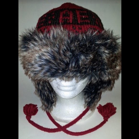 AE Wool TRAPPER HAT Vegan Fur Unisex RED Snow Ski Beanie Winter Cold Accessory - Picture 2 of 6